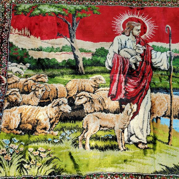 Vtg 70 Religious Jesus Christ & Lambs Velvet Sofa Tapestry Style Lg Wall Hanging - Picture 2 of 10